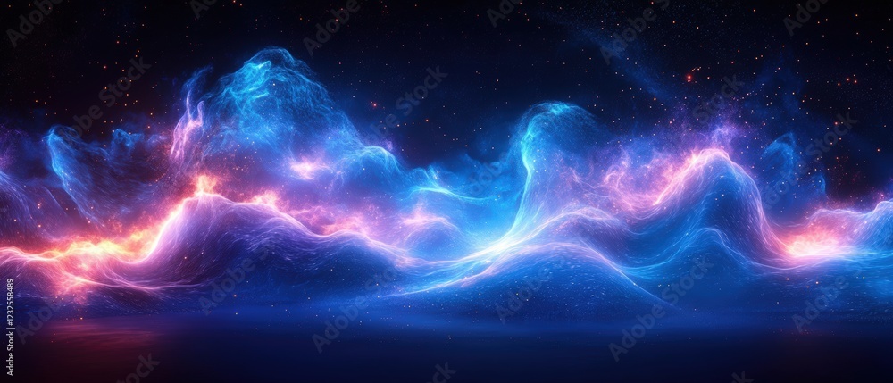 Poster blue and purple gradient background with bright light effects creating a vibrant abstract design