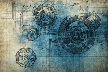 Obraz premium Intricate gears and mechanisms illustrated on a textured blue background showcasing engineering creativity and design. Generative AI