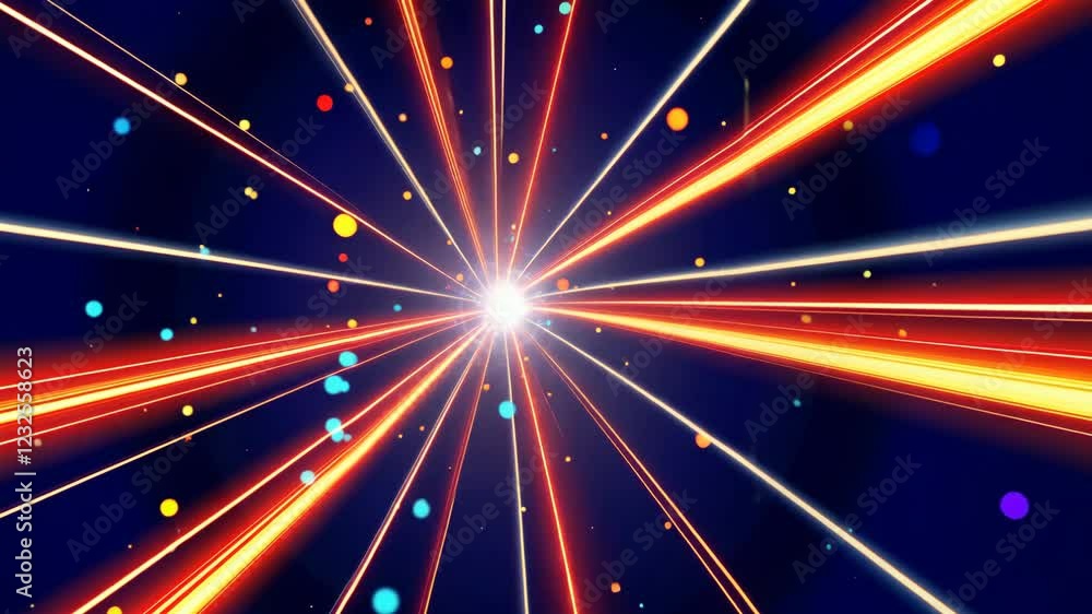 Poster a bright light with many colorful dots. the light is orange and blue. the dots are in different colo