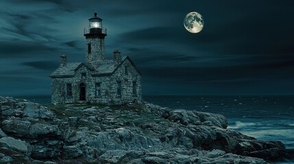 Coastal Lighthouse Under Bright Moonlit Night Sky Atmospheric Seaside Photographyor Luxuriant Coastal Lighthouse under a Radiant Full Moon Stunning Nighttime Landscape