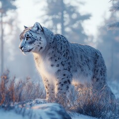 Obraz premium Majestic Snow Leopard Stands Out in Serene Winter Wonderland Scene Frozen Mountains and Snowy Trees Surrounding Wildlife Conservation Focus