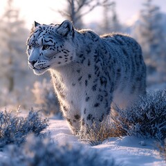 Fototapeta premium Snow Leopard Roams Free in Majestic Snowy Wilderness Landscapes