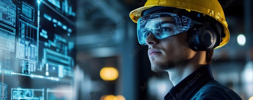 Poster industrial operator overseeing mining automation through holographic interface