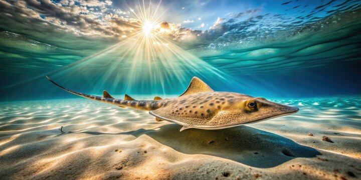 Glaucostegus halavi, a guitarfish, gracefully swims above a sandy ocean floor in a stunning panoramic.