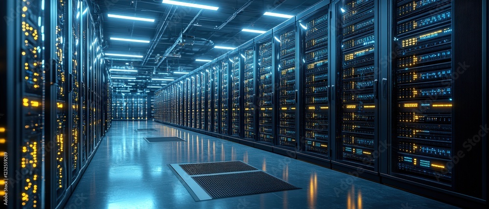 Poster long row of servers in a data center with blinking lights and organized cables