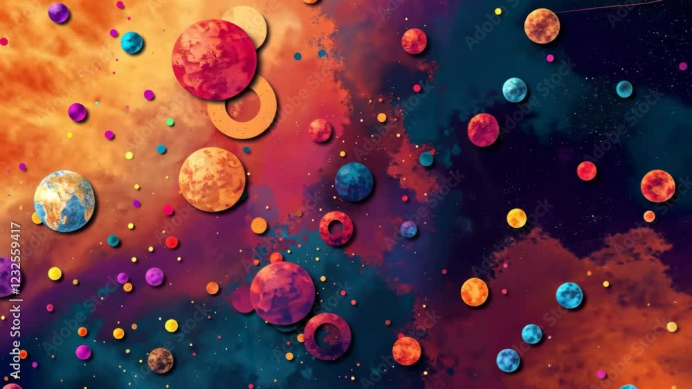 Poster a colorful space scene with many different colored circles. some of the circles are red, blue, and y