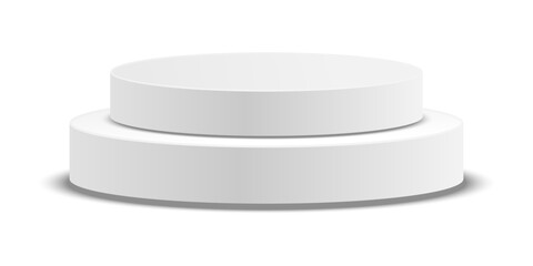 Empty white round podium, modern pedestal and platform, stand stage, cylinder, round empty stages and podium stairs 3d template for product presentation, awards