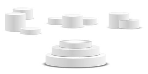 Empty white round podium, modern pedestal and platform, stand stage, cylinder, round empty stages and podium stairs 3d template for product presentation, awards