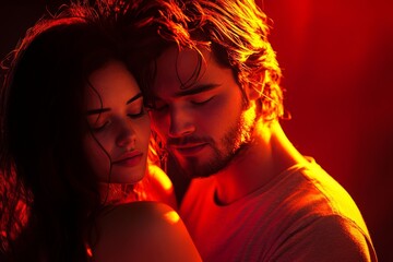 Couple embraces in warm light during intimate moment in cozy indoor setting at night