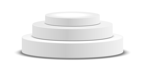 Empty white round podium, modern pedestal and platform, stand stage, cylinder, round empty stages and podium stairs 3d template for product presentation, awards