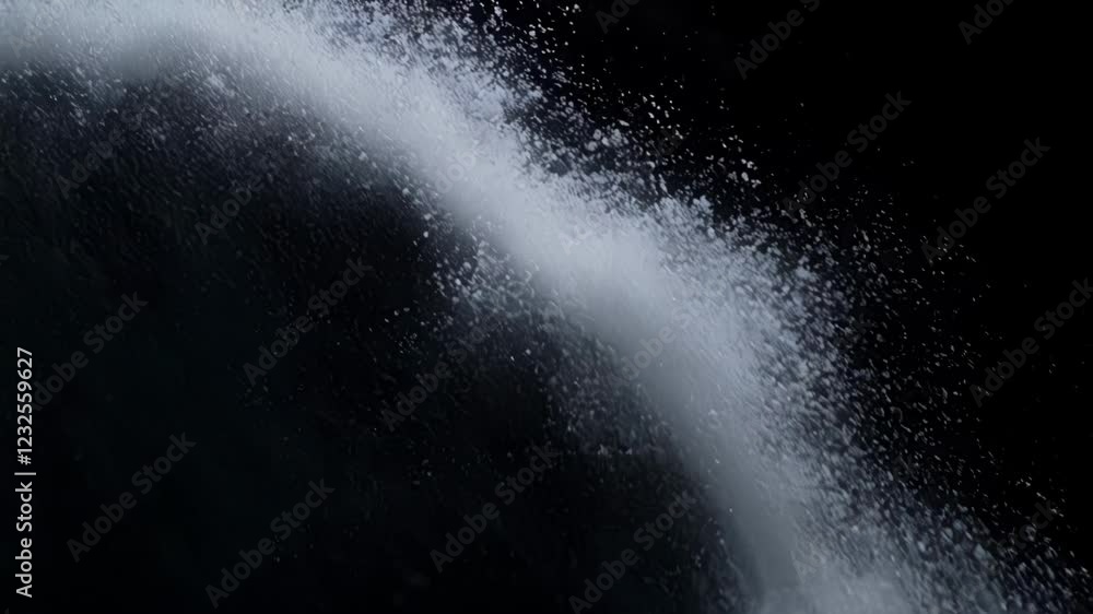 Poster pristine white powder bursting into dynamic, swirling patterns against deep black background, creati