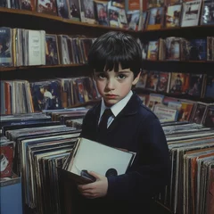 Poster Young boy browsing vinyl records in a music store surrounded by vintage album covers. Generative AI