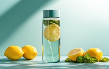 Fototapeta premium Refreshing lemon and mint beverage in a clear bottle surrounded by fresh lemons