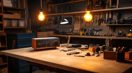 Cozy Workshop Environment with Vintage Radio, Hand Tools, and Warm Lighting, Ideal for Craft and DIY Enthusiasts in a Rustic Setting