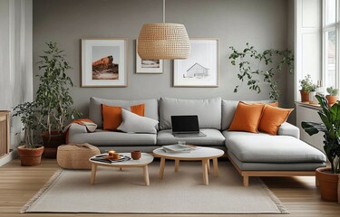 Cozy living room featuring a gray sectional sofa with orange cushions and plants in a bright, modern setting