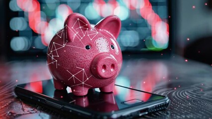 Creative financial technology concept featuring a digital piggy bank on a smartphone with vibrant abstract background - Powered by Adobe