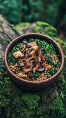 Warm quinoa salad with saut&eacute;ed mushrooms, kale, and fermented onions. Served in a textured clay bowl complemented with moss.