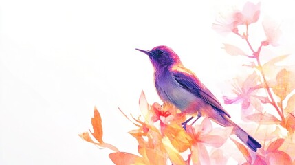 Fototapeta premium Colorful bird perched on blooming branch, spring, nature, peaceful background, ideal for cards