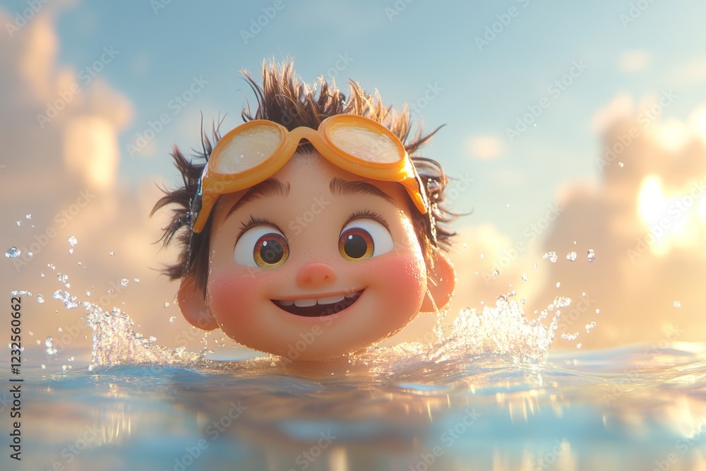 Poster smiling child enjoying a sunny day at the swimming pool with bright goggles and splashes of water in