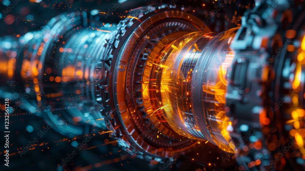 Poster A detailed representation of advanced machinery in a high tech environment showcasing intricate components glowing with energy. Elements highlight the cutting edge nature of modern engineering.