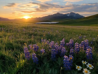 Obraz premium Sunset over wildflowers and mountains.