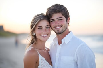 Obraz premium Couple shares joyful moment at sunset on a beach as waves gently roll in