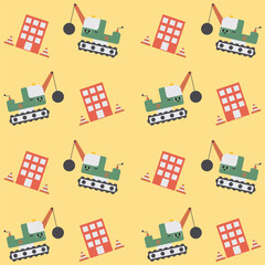 Cute Wrecking Ball Excavator Seamless Pattern