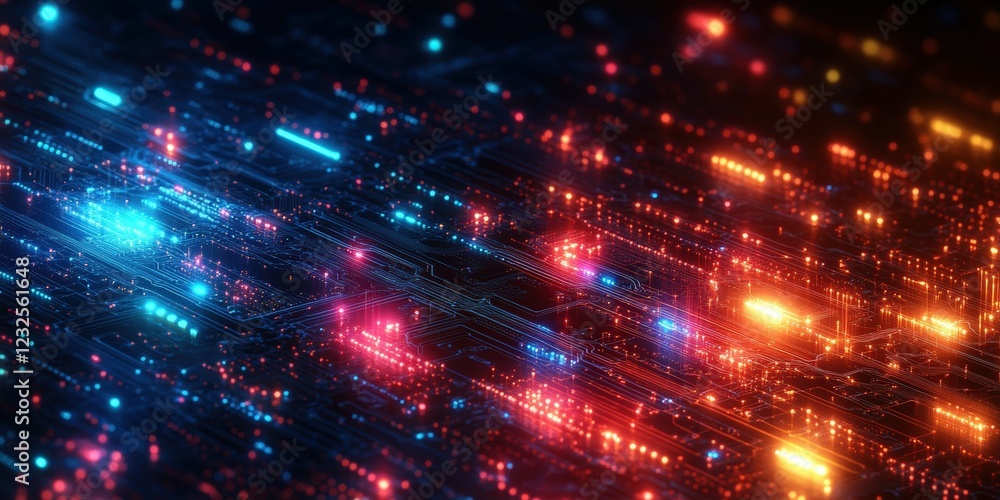Poster close up of a computer circuit board with glowing lights and intricate electronic components