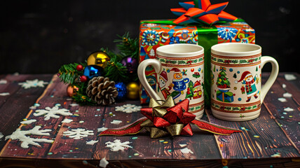 Fototapeta premium A festive gift set with a pair of holiday-themed mugs, wrapped with colorful paper and a bow