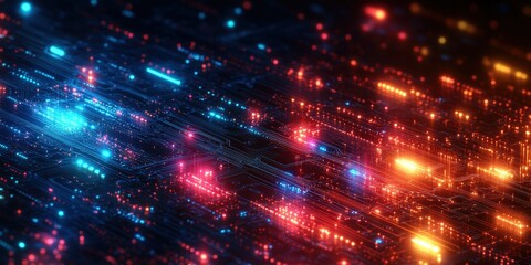 Naklejka premium Close up of a computer circuit board with glowing lights and intricate electronic components
