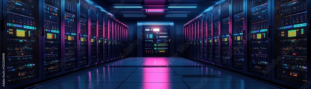 Aufkleber long row of rack servers in a data center with led lights and cables connected