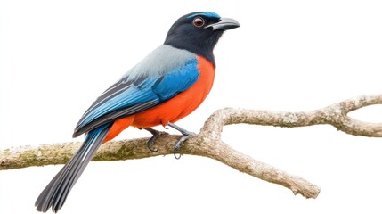 Fototapeta premium Colorful bird perched on branch, white background, nature wildlife, perfect for wildlife illustrations