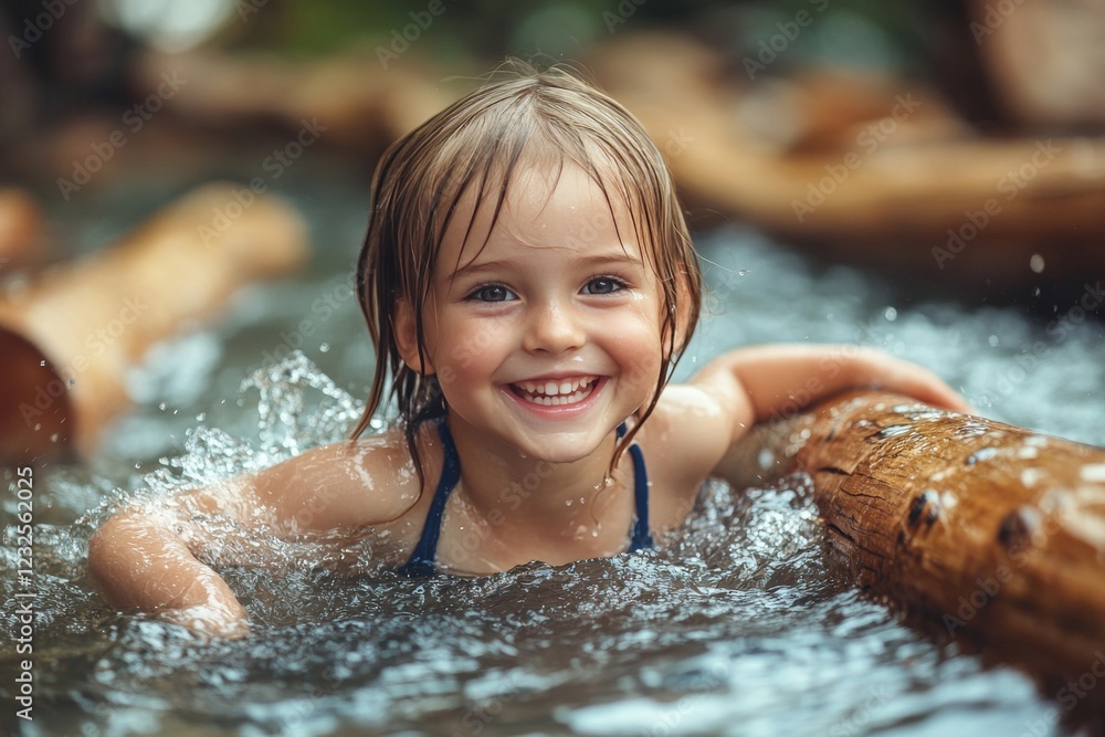 Poster smiling child enjoys playtime in a natural water setting surrounded by logs on a sunny day