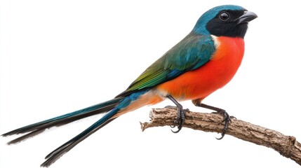 Colorful bird perched on branch, white background, nature photography, wildlife illustration