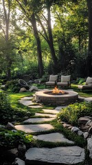 Fototapeta premium A beautifully designed backyard garden with lush greenery, winding paths leading to an outdoor fire pit 