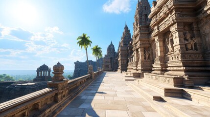 Obraz premium Ancient Stone Temple Ruins Pathway Sunny Day