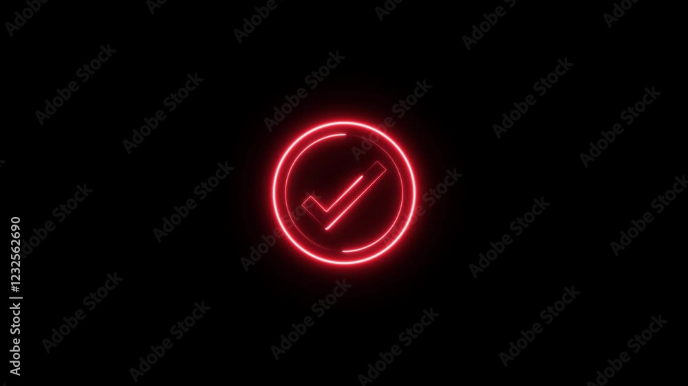 Poster glowing neon light check mark icon animation.checkmark inside a circle animated on a black backgroun