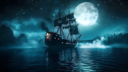 Fototapeta premium A ship sailing at night on the calm sea with a beautiful sunset in the background