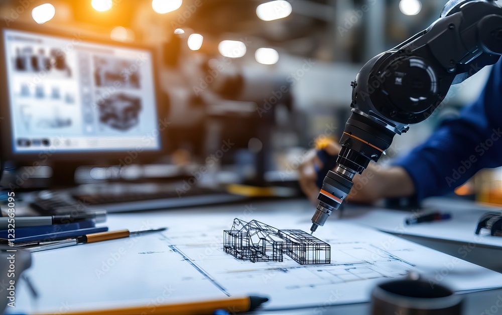 Poster a robotic arm sketches architectural plans on a desk with design images, highlighting innovation in 