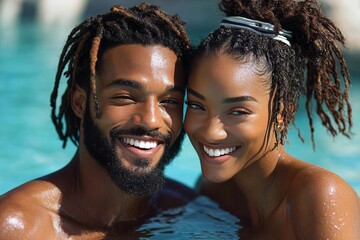 Joyful couple enjoying a sunny day together in a swimming pool surrounded by clear water