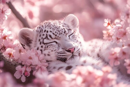 Snow leopard cub resting peacefully among pink cherry blossoms in a serene spring setting - Powered by Adobe