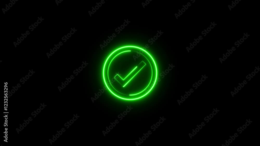 Poster glowing neon light check mark icon animation.checkmark inside a circle animated on a black backgroun