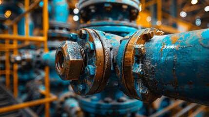 Water pipes with blue paint and rust are tightly connected in a busy factory environment, illustrating the industrial infrastructure and maintenance challenges present.