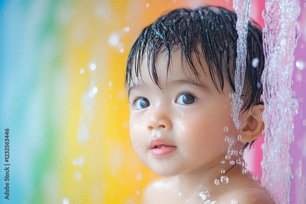 Poster baby enjoying a refreshing water shower with colorful background and playful droplets in bright sett