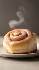 Fototapeta premium Warm cinnamon roll with icing resting on a plate, steam rising gently in a cozy kitchen setting. Generative AI