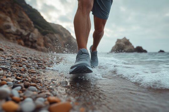Man jogging along a rocky beach shoreline during overcast weather in the late afternoon