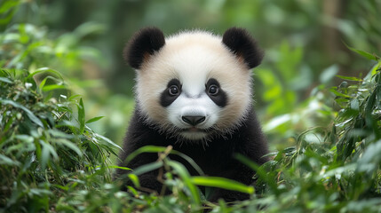 Fototapeta premium Curious giant panda cub exploring lush greenery in its natural habitat during daylight hours. Generative AI