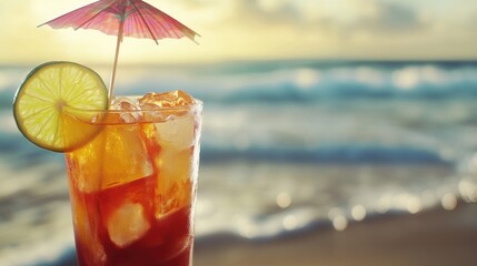 Obraz premium Sunset Beach Cocktail, Refreshing Tropical Drink by the Ocean