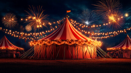 Circus christmas tent, with the lights strung across the top of the canopy around at night time and colorful firework on background	
