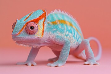 Obraz premium Colorful chameleon showcases vibrant hues on pastel backdrop in sunny setting
